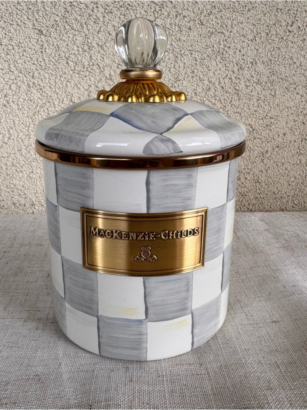 MacKenzie-Childs Cream Ceramic Canister with Subtle Metallic Accent